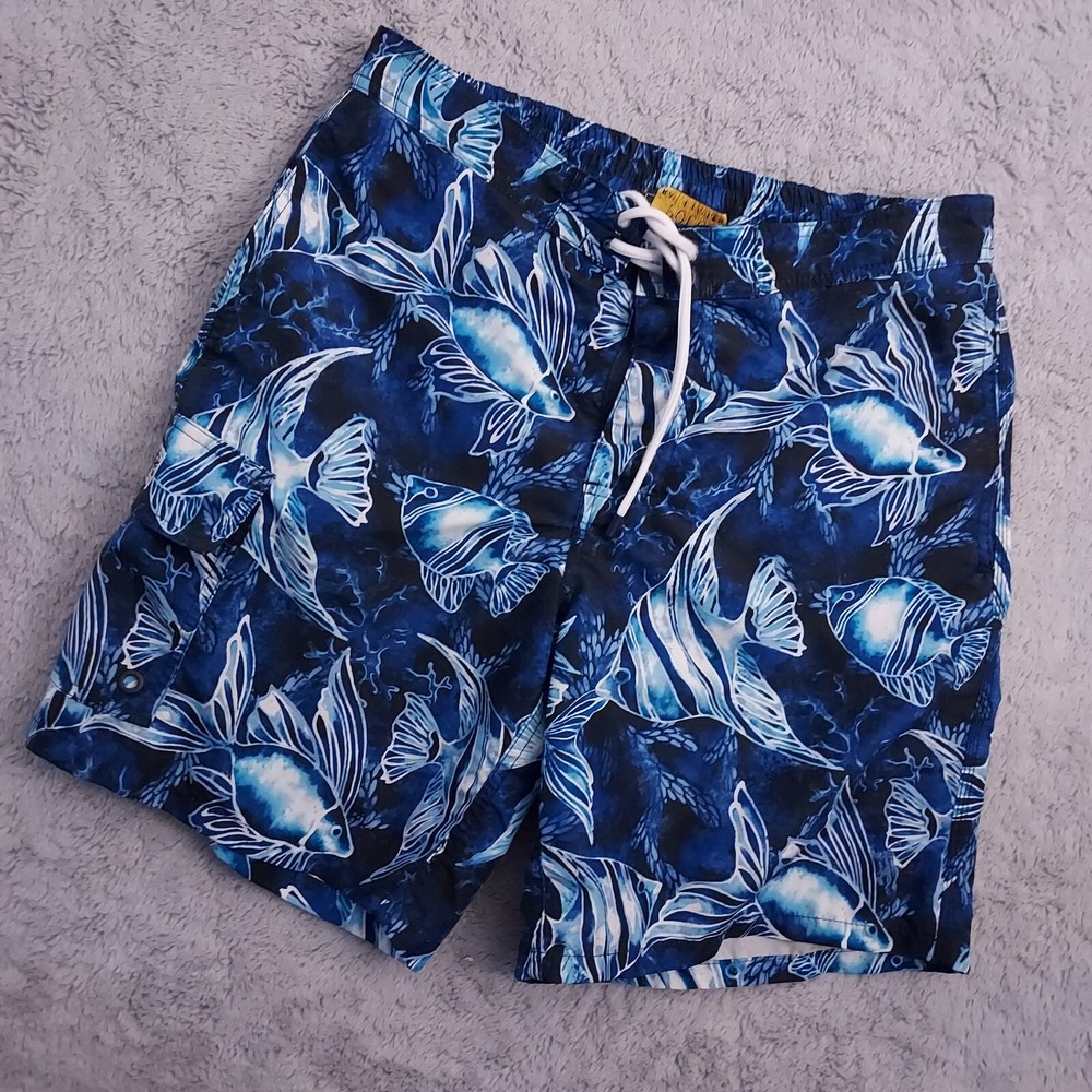 Polo Ralph Lauren Swim Trunks Mens Medium Aqua Fish Print Drawstring Surf Swim